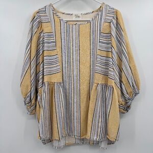 Ava James Top Women 2X Yellow Blue Striped Linen Cotton Blend Short Puff Sleeves